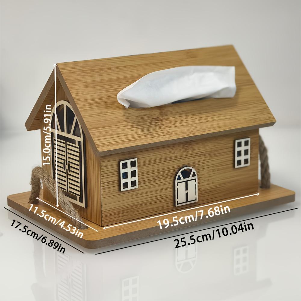Wood Grain House,Shaped Tissue Box, Modern Country BB Design with Wooden Jute Rope Tray,Nightstand Deco,rMultipurpose Vintage Style Storage Box