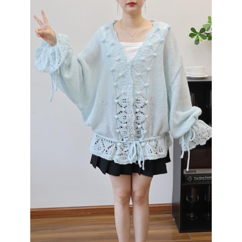 

Кардиган вязаный с V-образным вырезом, полым узором и кулиской, новинка ранней осени, женская свободная милая куртка-свитер one size fits all синий