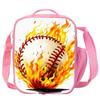 Pink Flame Baseball Print Insulated Lunch Bag – Durable Handheld & Shoulder Bag for Students