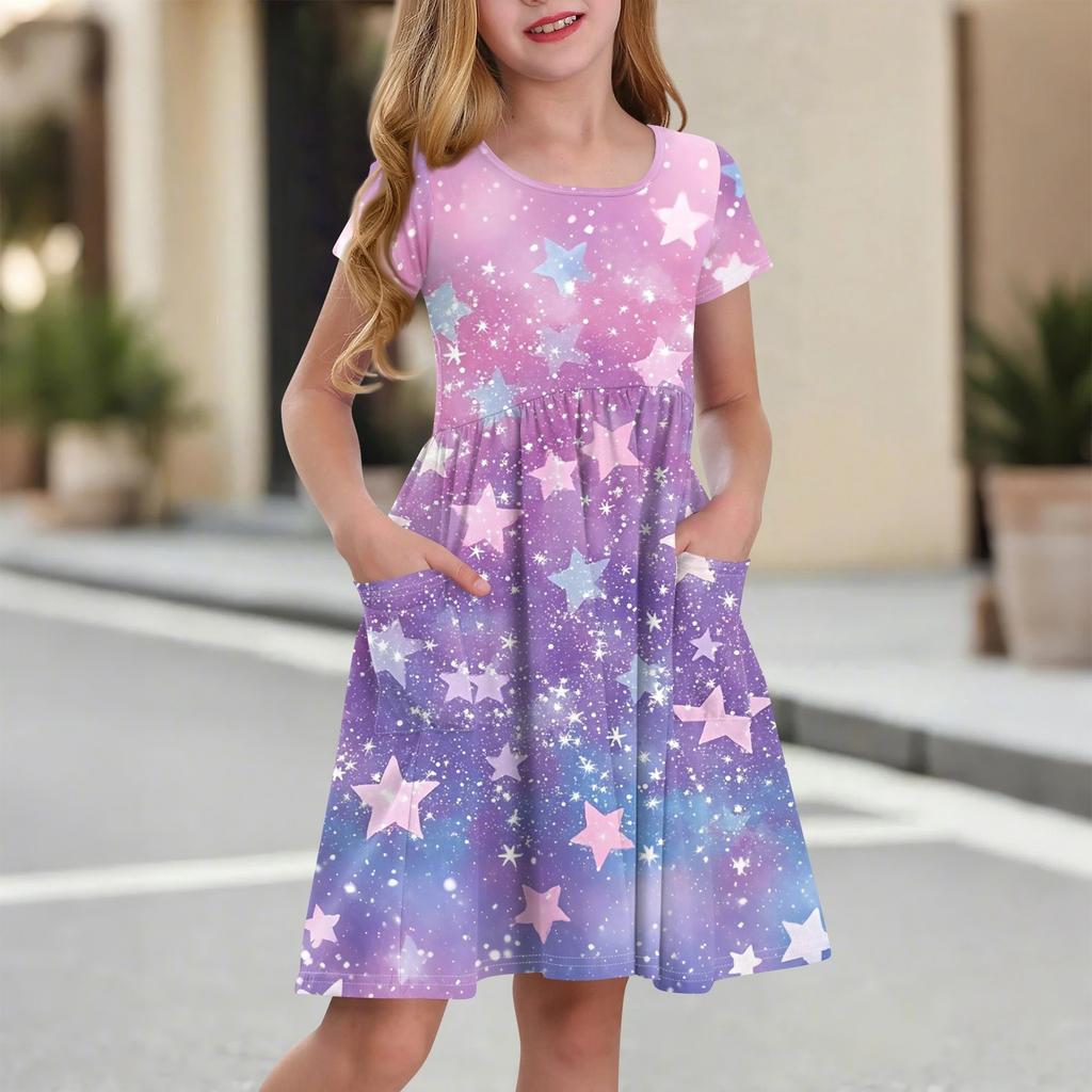 Children's Skirt Round Neck Short Sleeve Princess Dress Fashion Casual Pocket Dress For Girls