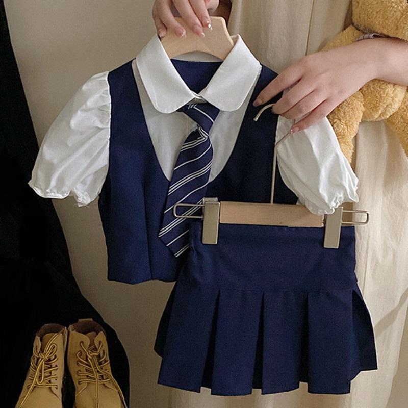 Summer Preppy Style Children Outfits Kids Clothes Set Teenage Girls School Uniform Short Sleeve Shirt+Skirt Two Piece Suit