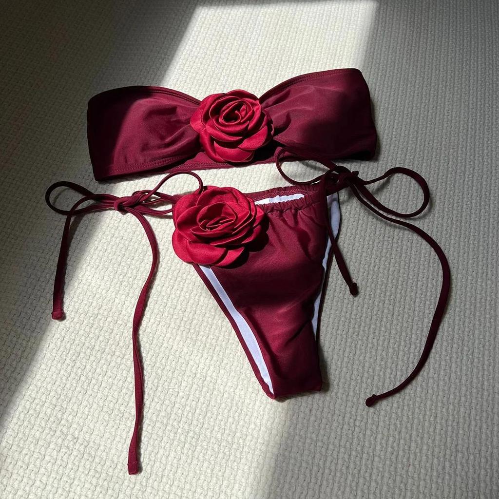 14 Colori Fiori 3D Bandeau Bikini a Taglio Alto Costume da Bagno Femminile Costume da Bagno Donna Set Bikini Due Pezzi Costumino da Bagno Swim