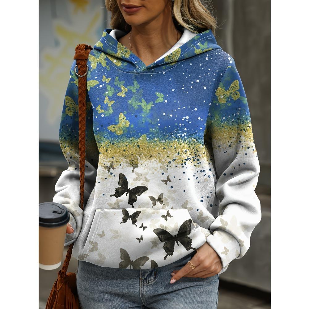 2025 Women's Tops Autumn and Winter Hoodies Ladies Loose Floral Butterfly Print 3d Print Fashion Casual Pullover Hoodies