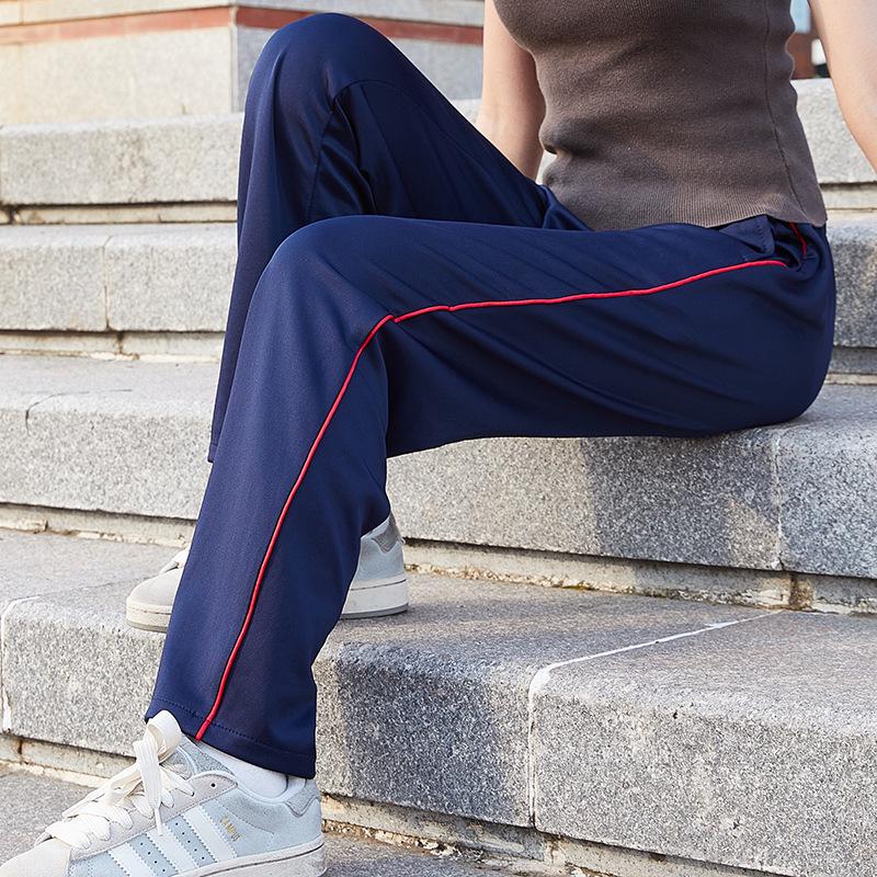 Unisex Dark Blue School Trousers with Thin Red Stripes, Loose Straight Leg, Summer Thin Style, Perfect for Spring/Autumn Sports.