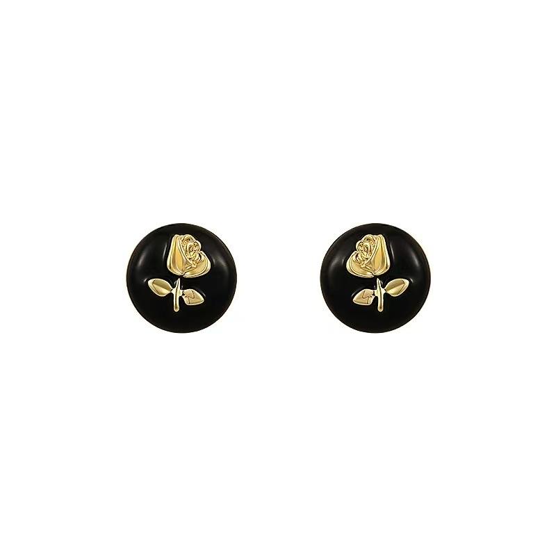 Black three-dimensional rose small fragrant wind stud earrings women's niche temperament earrings new popular retro ear jewelry