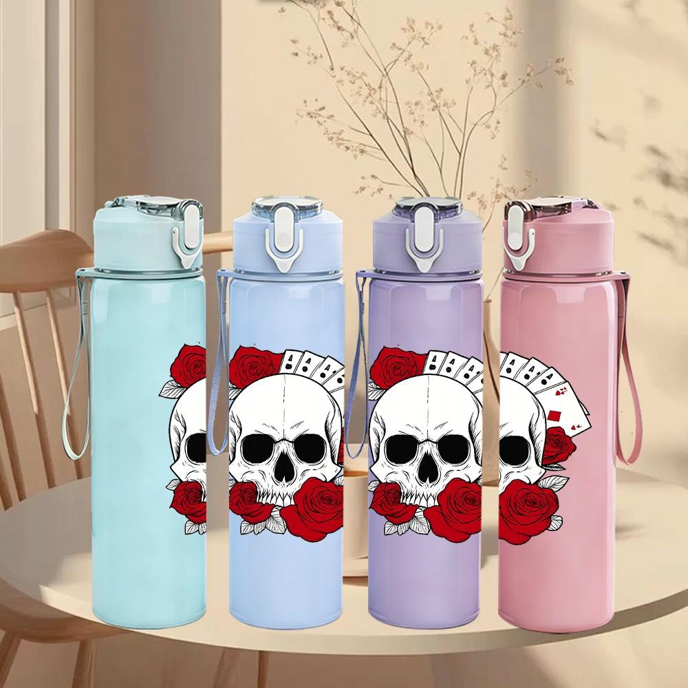 1PC Skull Red Rose Pattern 750ml Color Plastic Sports Water Bottle Leakproof Flip Straw Lid Suitable for Sports Office Home Use