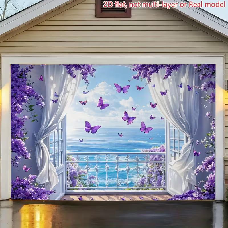

2D Summer Beach Scenery Garage Door Cover with Purple Butterflies 47.2x31.5inch/120*80cm