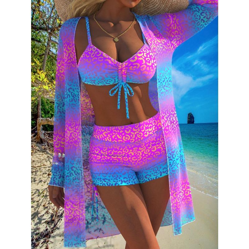 European and American New Split Swimsuit Sexy Leopard Print Bikini Women s Blouse Three-piece Bikini S