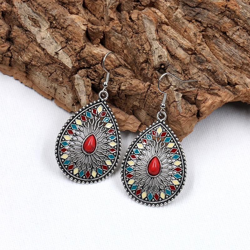 Ethnic Boho Colorful Enamel Earrings For Women Bomemian Retro Hollow Flower Round Geometric Vintage Drop Dangle Earrings Jewelry