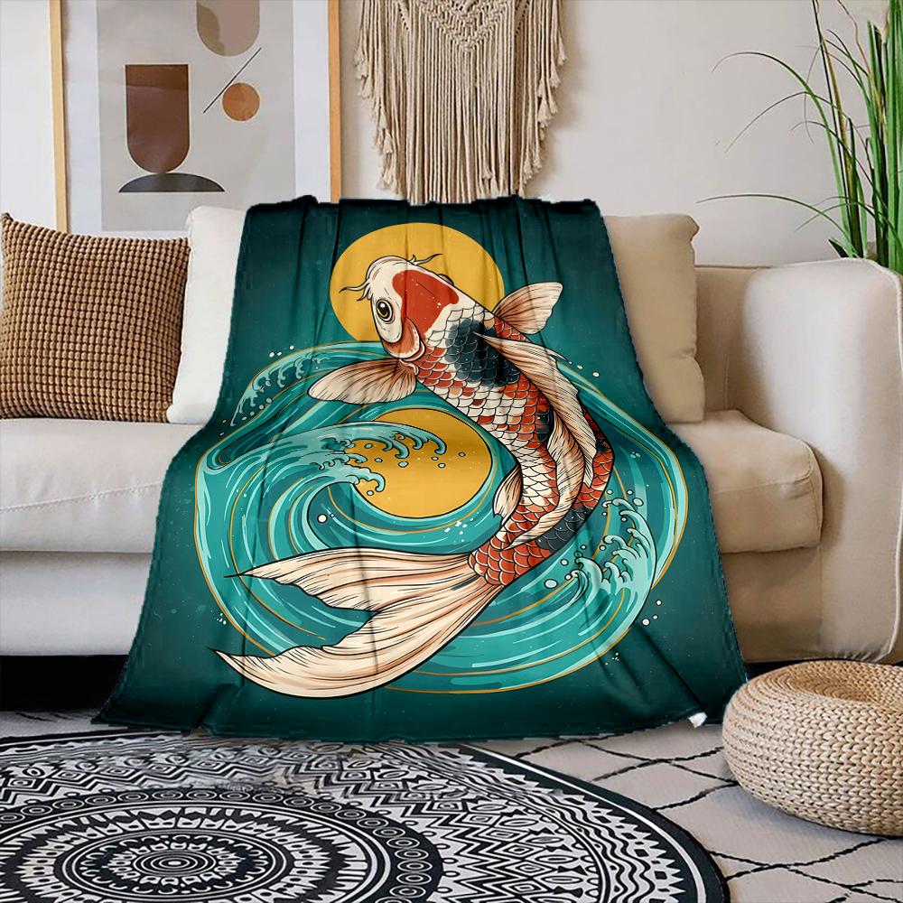 

Multiple sizes Koi and wave design Print Blanket Warm Soft Suitable for All Seasons for Home Sofa Travel Camping Picnics RV 75x90cm