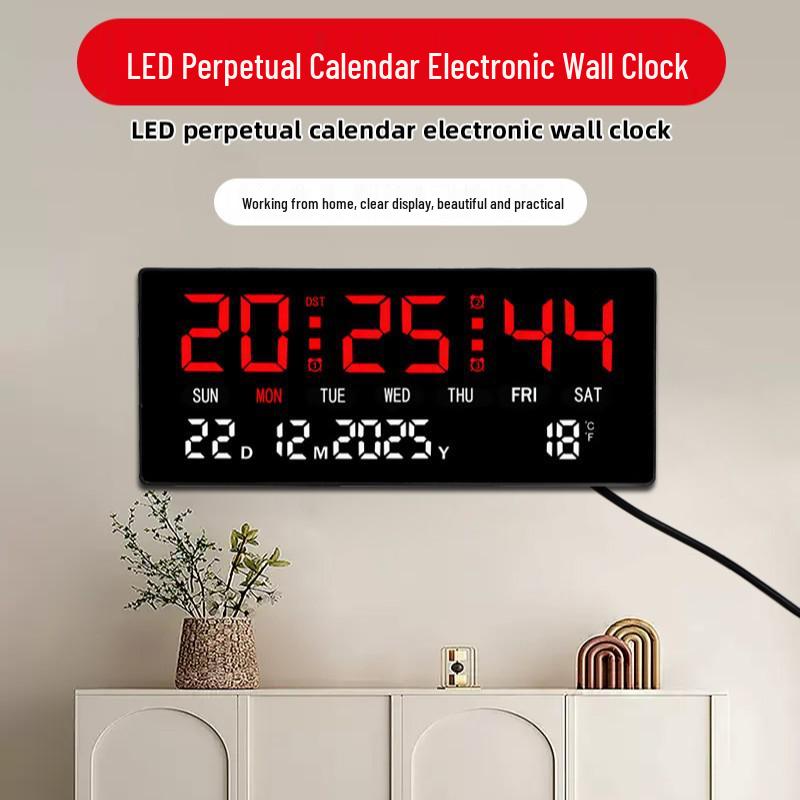 Wall-Mounted LED Clock with Temperature Display and Perpetual Calendar