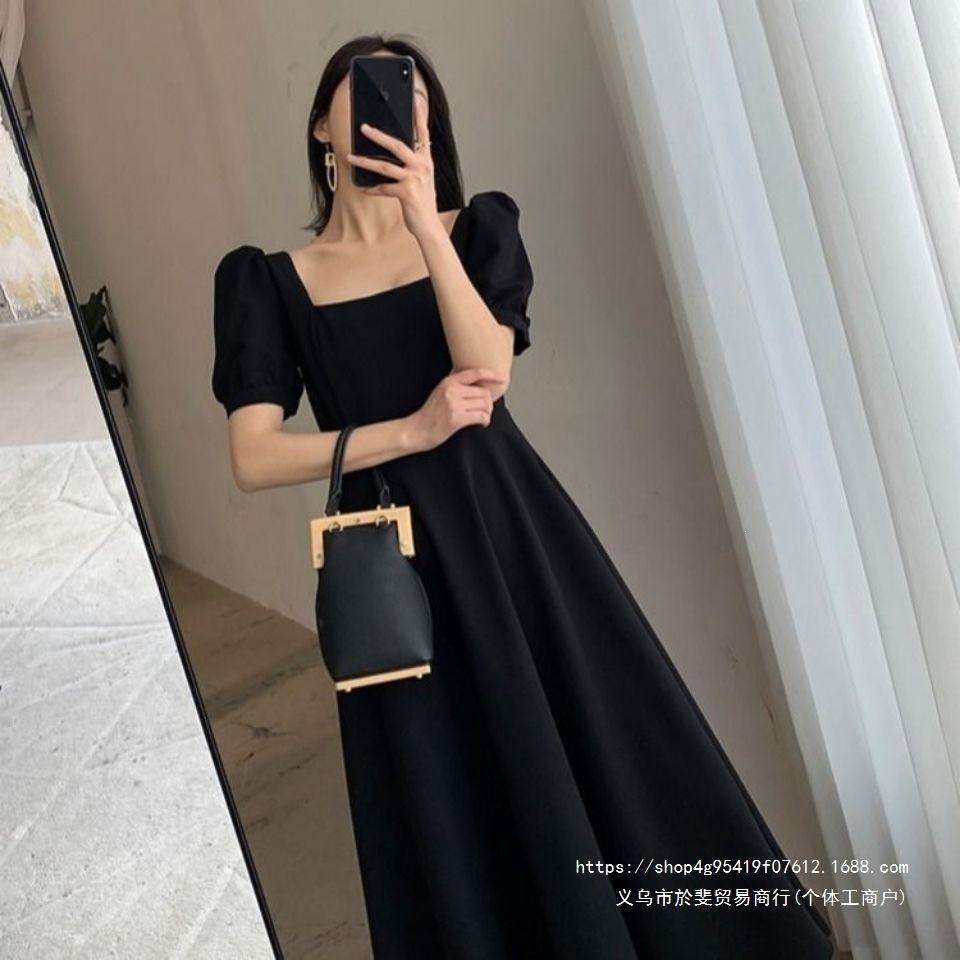 Black Dress Women's Summer New Coffee Break Dress Temperament Square Collar Knee Long Hepburn Style Small Black Dress