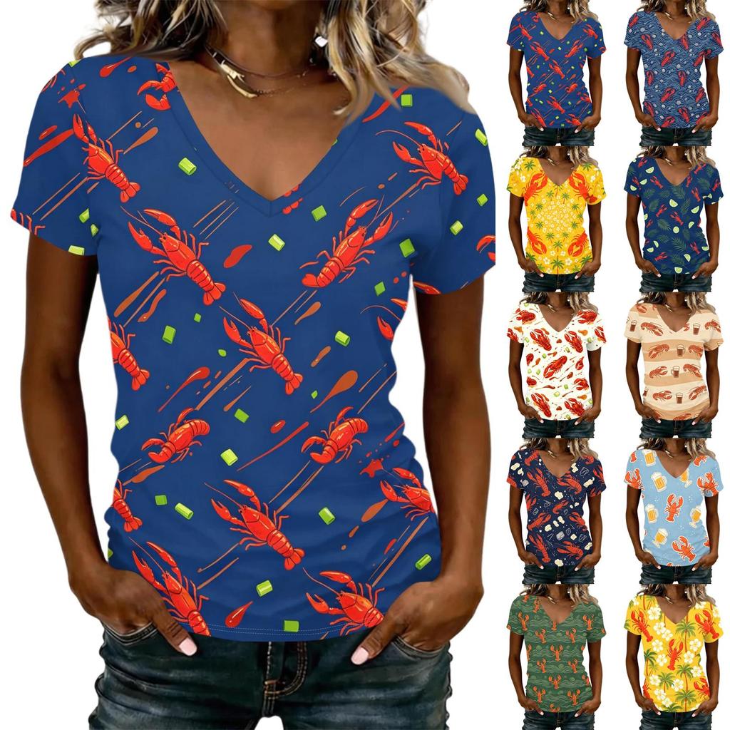 Women's Casual V Neck T Shirt Lobster and Beer Print Short Sleeve Lightweight Summer Top for Everyday Wear
