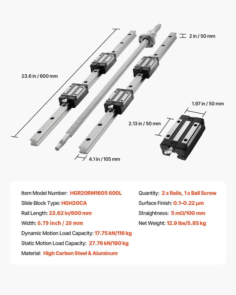 VEVOR Linear Rail Guide Kit, HGR20, 2PCS 600 mm (23.62 inch) Linear Rails and 1PCS Ball Screw, 4PCS Slide Blocks, with BF12/BK12 End Support