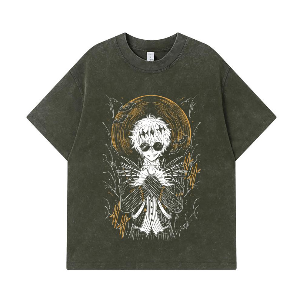 

275 GSM Washed T-shirts 100% Cotton Jujutsu Kaisen V57 Gojo Skully Print Unisex Heavy Cotton T Shirt S армия зеленый