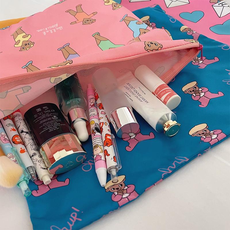 Kawaii Makeup Bag  Cartoon Bear Pattern Cosmetic Pouch Toiletry Bag Large Capacity Portable Stationery Bag
