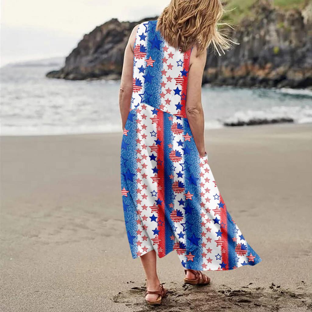 Women's Fashion Casual Independence Day Print Sleeveless Cotton Linen Pocket Dress