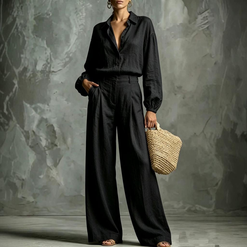 1116 New European and American Spring and Autumn Women's Fashion Solid Color Casual Shirt Top Wide-Leg Pants Two-Piece Set