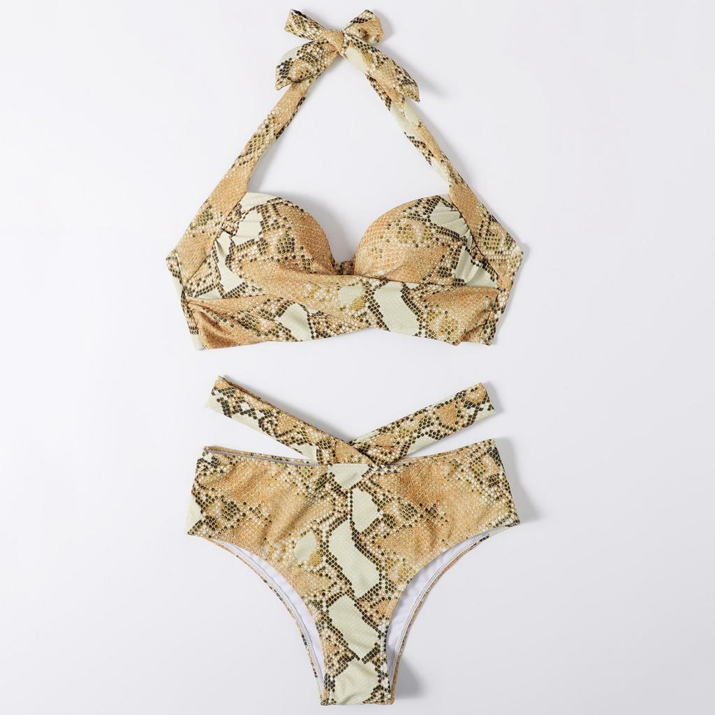 Snake Skin Print Two Ruched Wrap Women Crop Up Bikini Push Front Swimwear Female Bathers Bathing Swimming Swim Suit Tankinis Set