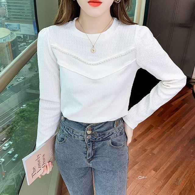 

Весенне-осенняя новая рубашка с круглым вырезом и бисером, пуловер, корейский однотонный топ с длинными рукавами M белый