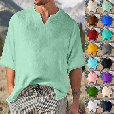 Men's Solid Color Pleated Quarter Sleeve Top Men's Retro V-Neck Top