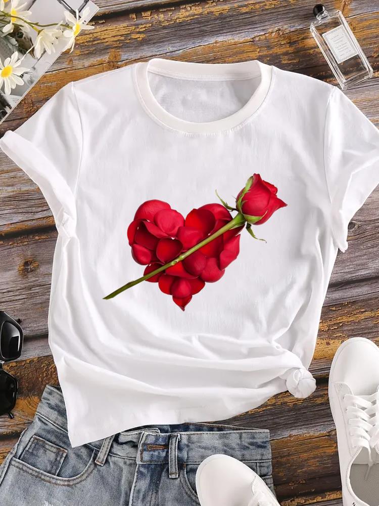 (Asian Size) trend love heart flower T-shirts Printed Clothing Lady o-neck Short Sleeve Female Top Casual T Shirt Fashion Women Graphic Tee