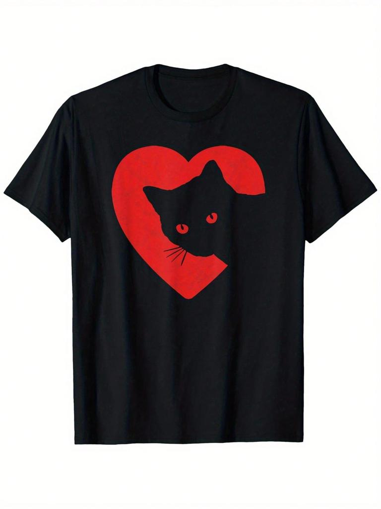 Cute & Funny Cat Valentines Heart Graphic T-Shirt, Suitable For unisex & Wounisex Outdoor T-Shirt, 100%Cotton, S-XXXL