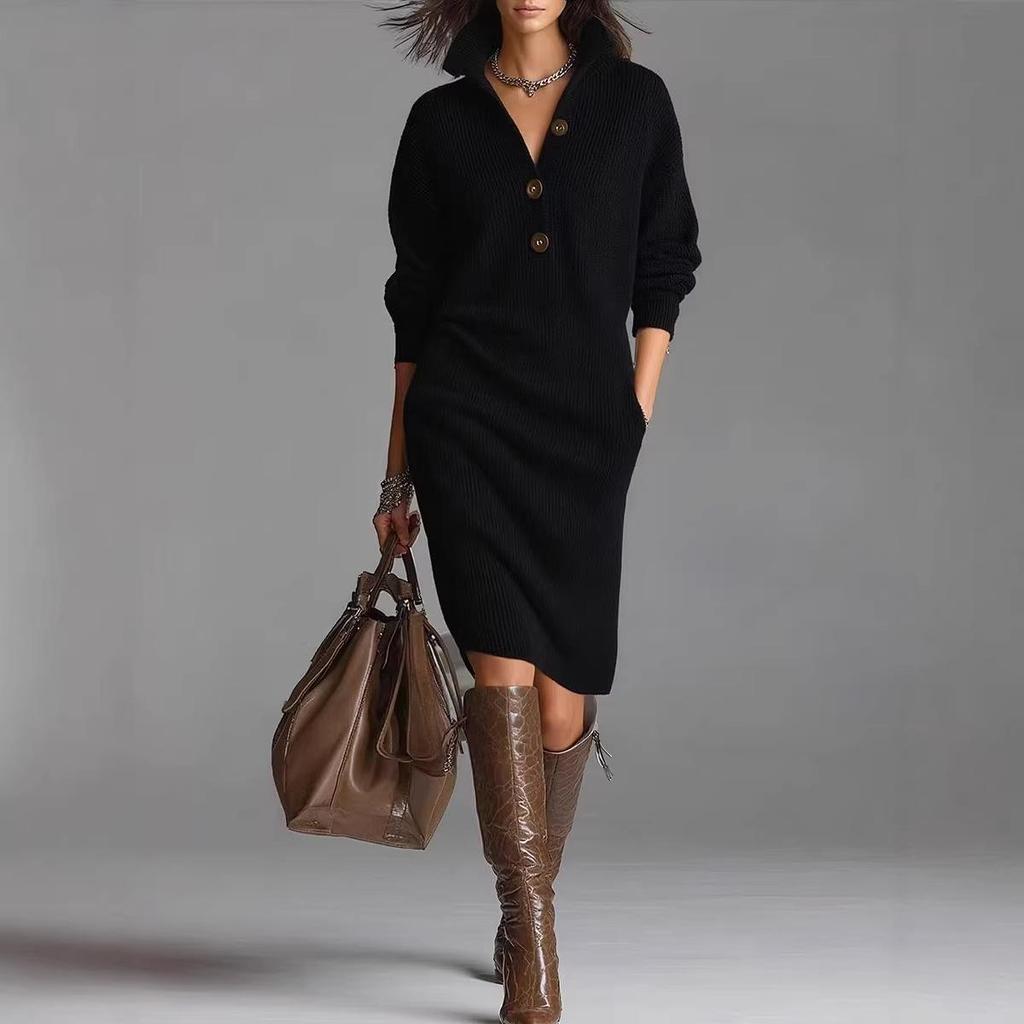 Women's Retro Knit Over-the-Knee Sweater Dress - Long, Loose, Pure Color Skirt, Autumn Winter Collection