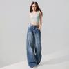 Spring Summer Luxury Full Rhinestone Bamboo Texture Straight Wide Leg High Street Stylish Denim Long Trousers Ladies Casual Oversize Denim Trousers