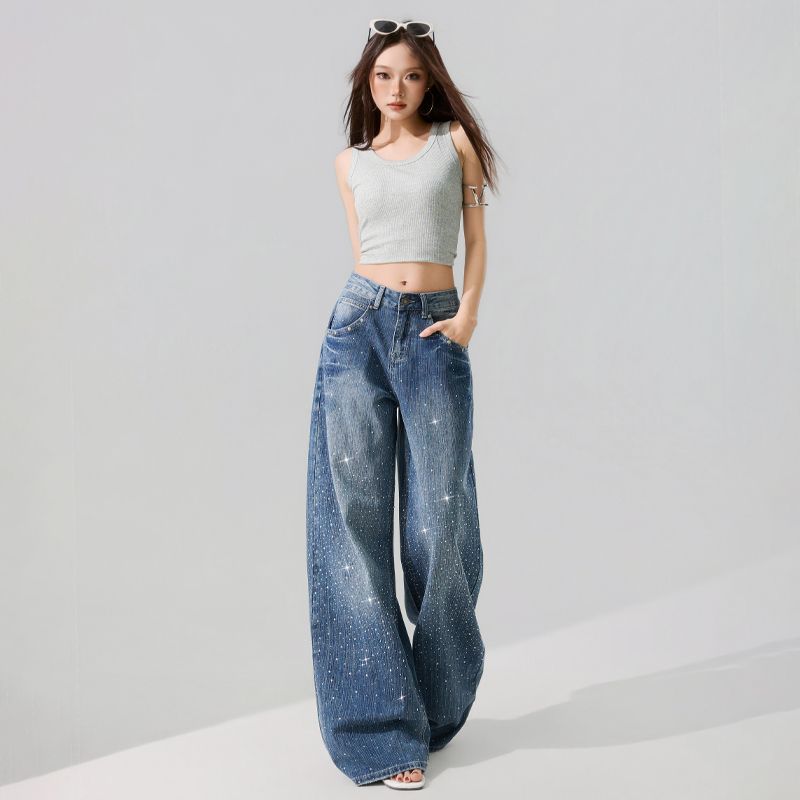 Spring Summer Luxury Full Rhinestone Bamboo Texture Straight Wide Leg High Street Stylish Denim Long Trousers Ladies Casual Oversize Denim Trousers