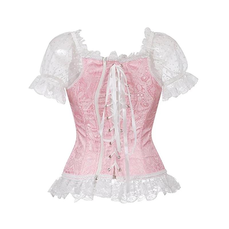 Pink Lace Short Sleeve Corset Top Style Corselet Corsets