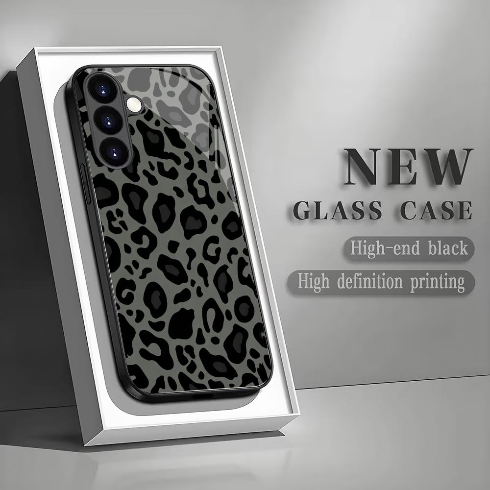 Leopard Black Tempered Glass Phone Case Suitable for Samsung GalaxyS26 S25 S24 S23 S22 S21 S20FE/Ultra/Plus Anti Drop Back Cover
