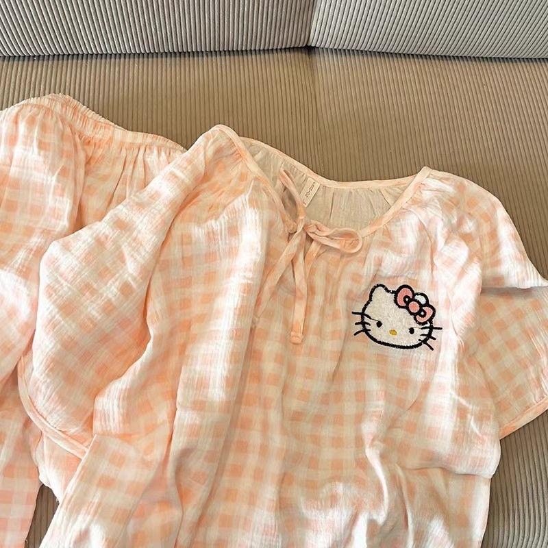 Pink plaid Kitty cat pajamas women's summer short-sleeved shorts ins style set can be worn outside loungewear two-piece set