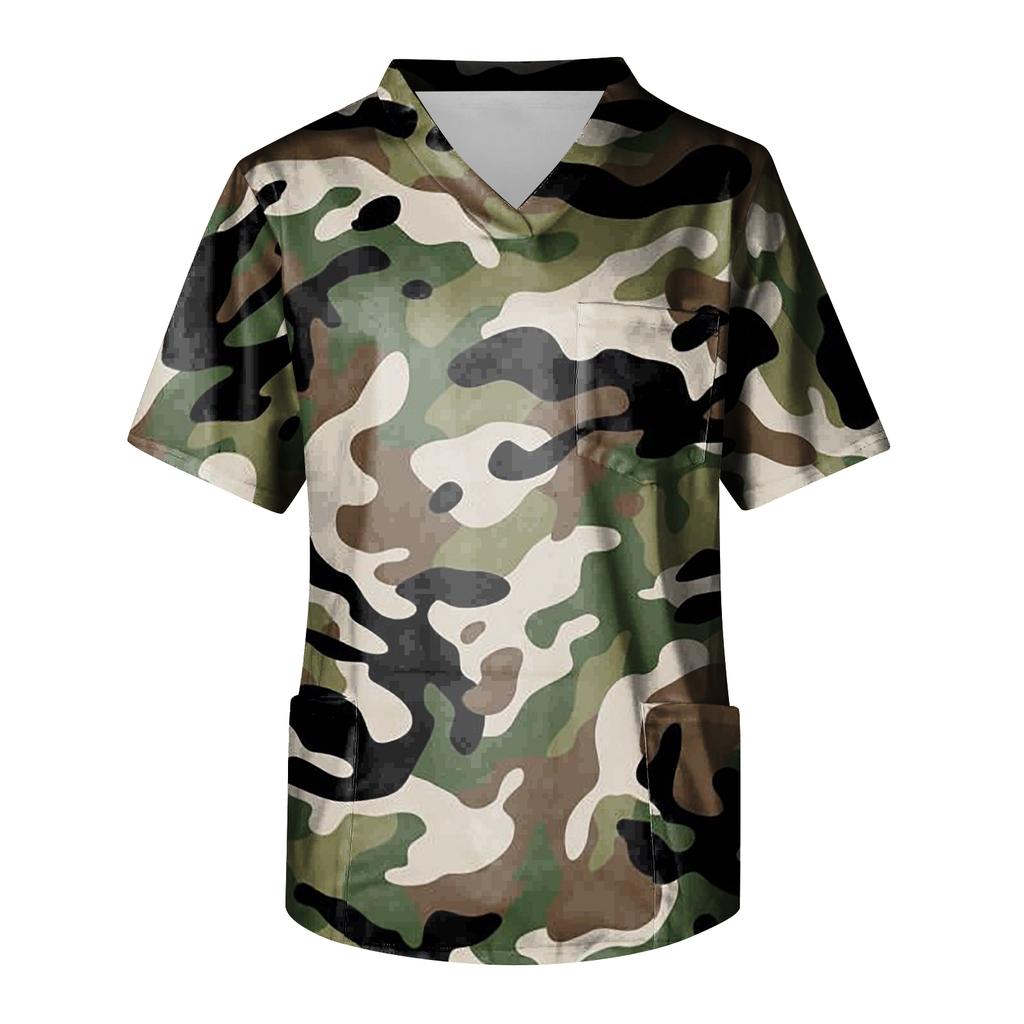 Unisex Top Medyczny z Krótkim Rękawem i Dekoltem V z Wzorem Kamuflażu Dwie Naszywane Kieszenie Lekki Oddychający Materiał Design