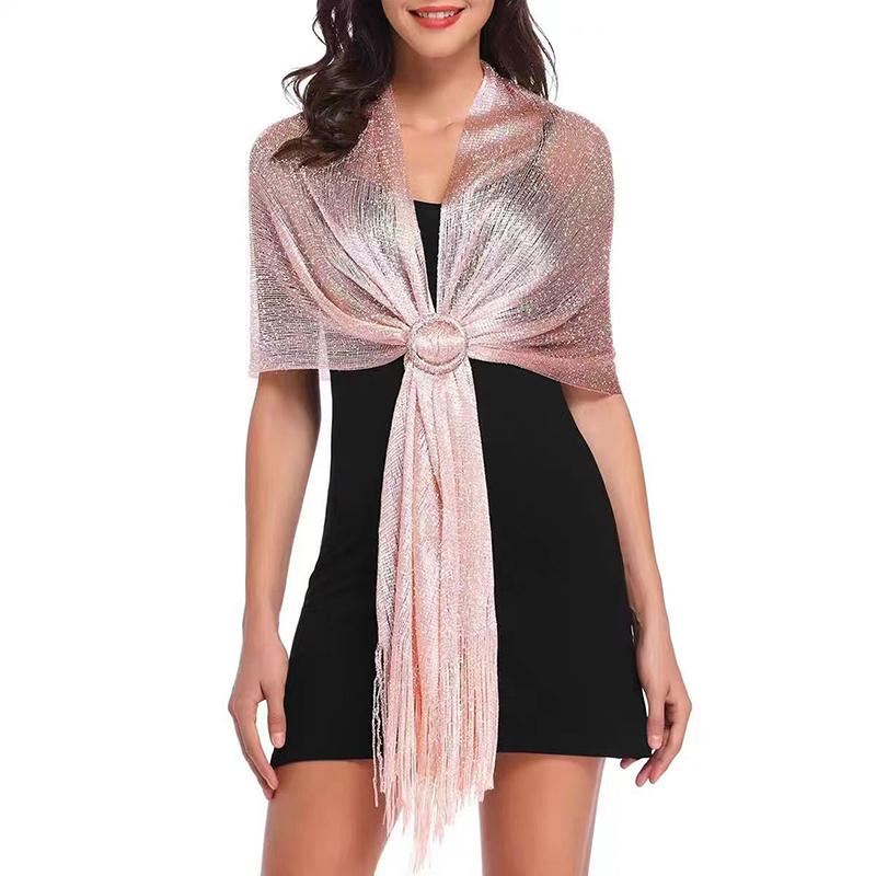 Gold Silver Silk Shawl Shirts For Women Flat Scarf Bride'S Bridesmaid Ball Long Tassel Evening Party Wedding Dress Casual Tunics