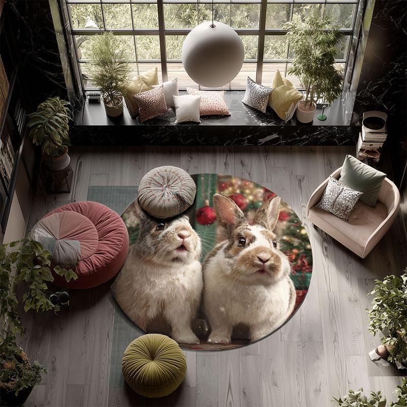 Two Rabbits pattern round rug,Carpet Rug for Living Room Bedroom Playroom ,Non-slip Floor Mat,Holiday Gifts and Birthday Gifts.