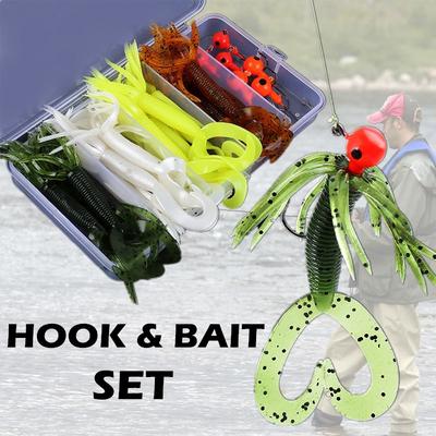 Soft Fishing Lure with Fishing Hook Set Worm Bait Jig Hook with Free Box for Saltwater Freshwater