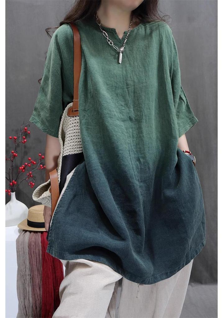 2026 Summer Retro Tie-Dye Oversized Linen Shirt - Loose Fit Mid-Sleeve Top