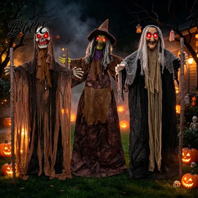 Rörelsesensor Spöklika Rekvisita Halloween Läskig Animatronics Häxa Dekoration Ljudaktiverad Stående med Kuslig Manuskript Dödsfallsplats Tillbehör