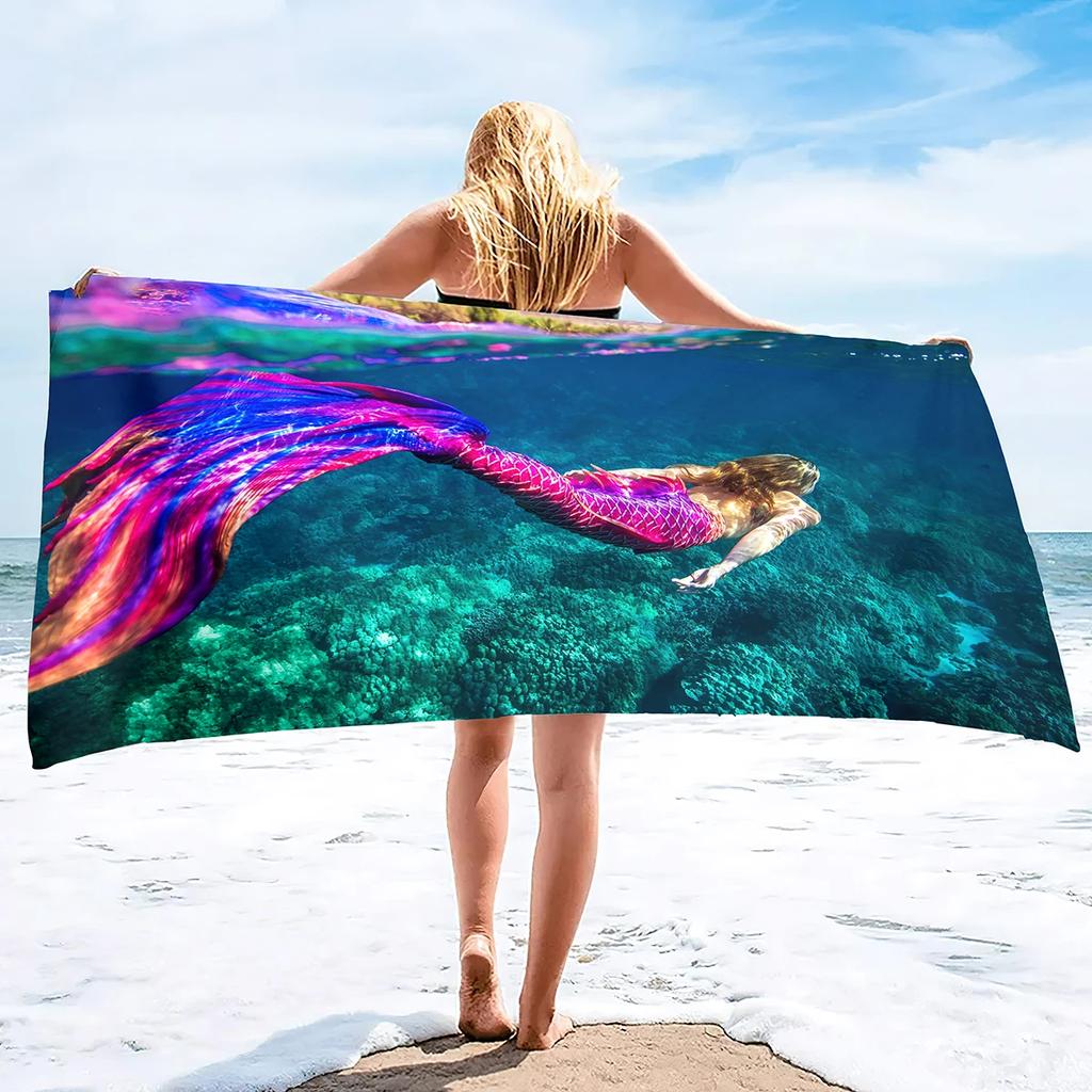 Mermaid Beach Towel Soft Microfiber Large Size Quick Dry Absorbent Coral Sea Life Design For Women Girls Summer Vacation Travel