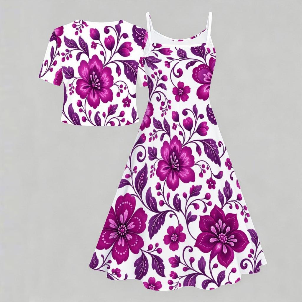 Women Plus Size Floral Printed Two Piece Set Short Sleeve Tie Front Shrug Strappy Flared Dress