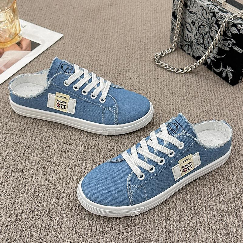 2025 Spring and Autumn New Canvas Shoes Female Students Half Drag Lazy One Pedal Versatile Breathable Casual White Shoes Tide