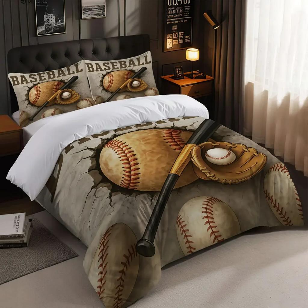 3Pcs Baseball Pattern Bedding Set, For Girls, Teenagers And Adult'S Bedroom, 1*Quilt Cover+2*Pillowcase, For Single Bed