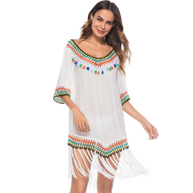 Summer Women's Hollow Out Sunscreen Holiday Style Rainbow Intercolour Tassel V-Neck Hand Hooked Beach Cover-up
