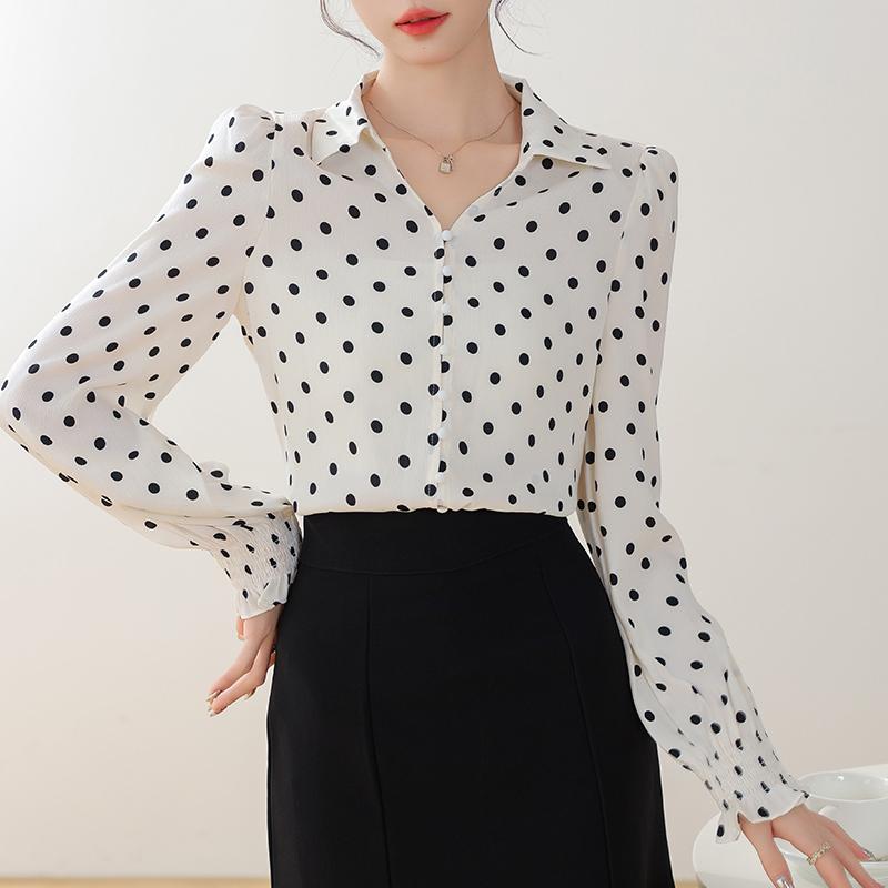 Women Blouses Shirts 2025 Spring Long Sleeve Women Blouse Shirt Turn Down Collar Dot Chiffon Blouse Shirt Women Tops J912