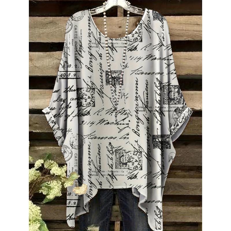 

Retro Letter Stamp All Over Printed Large Size Women s Top Casual Comfortable Loose Irregular Hem Women s T-shirt 1XL