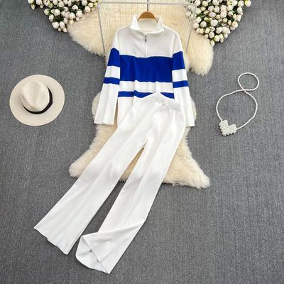 Fashion Suit Women's Casual Stand Collar Zipper Stripe Knit Top Two Piece Set High Waist Straight Tube Wide Leg Long Pants