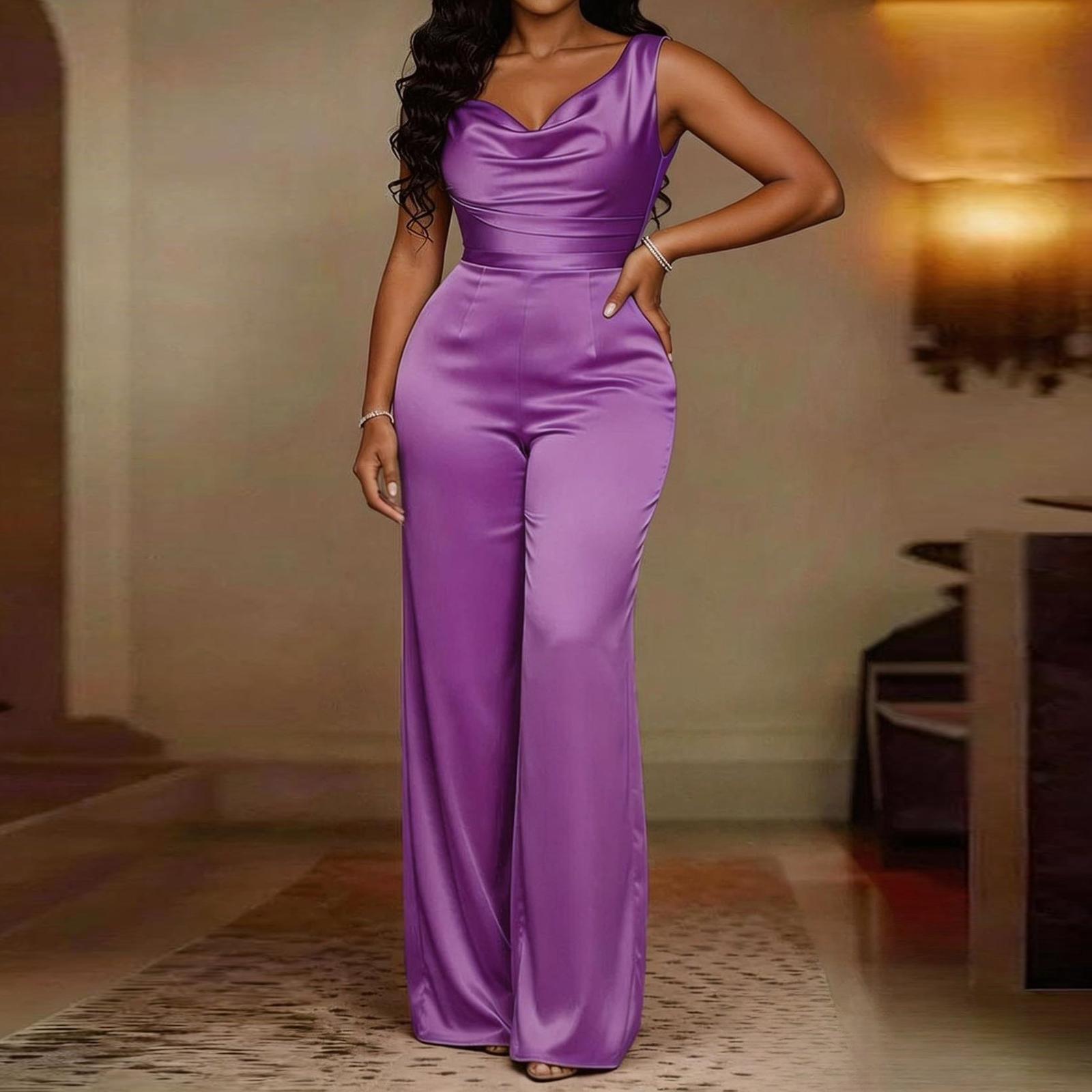 

Women Satin Sleeveless Wide Leg Jumpsuit with Waist Detail Elegant Fashion Solid One Piece Outfit for Evening Party Clubwear S фиолетовый