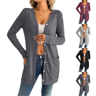 Women's Solid Color Loose Long Sleeve Pocket Cardigan Jacket