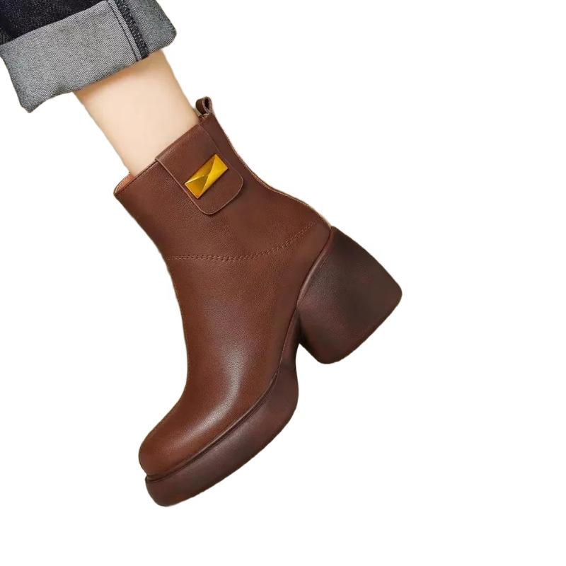 thick-soled Martin boots women's soft leather spring and autumn single boots 2025 new winter high-heeled side zipper thick heel thin short boots